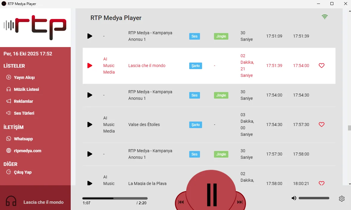 RTP Medya Player arayüzü